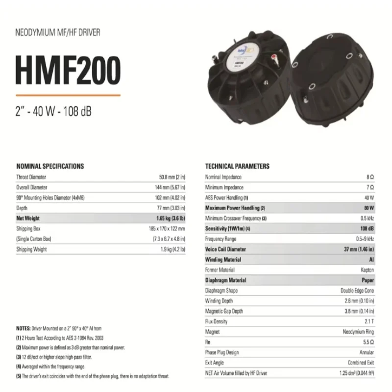 Фото Оригинальный итальянский динамик Faital HMF200, 2-дюймовый твитер 40 Вт, 108 дБ, с неодимовой звуковой катушкой 37 мм, МЧ/ВЧ драйвер, 8 Ом №2