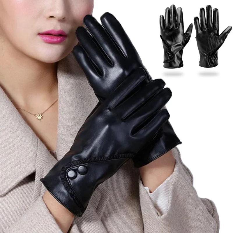 

Winter Women PU Leather Gloves Touchascreen Women Full Fingers Gloves Black Lace Double Buckle Mittens Keep Warm Cycling Gloves