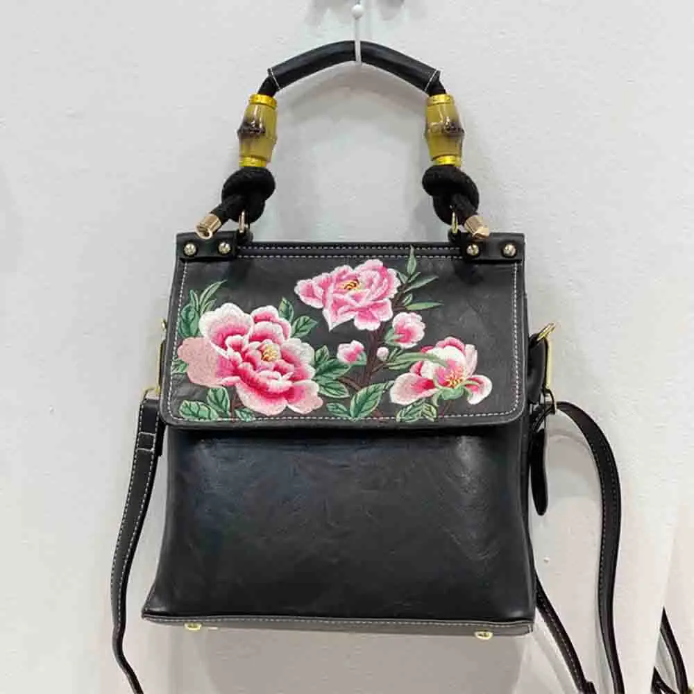 

MS Vintage Women Bucket Bag Luxury PU Leather Shoulder Bag Flower Embroidery National Style Retro Handbags and Purses Black 2022