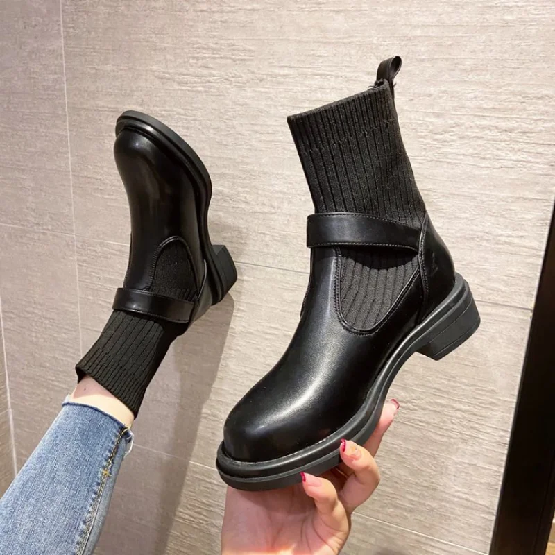 Ankle Boots Woman Slip-On Shoes Woman Fashion Knitted Elastic Round Toe Short Boots Platform Square Heels Leather Boots Women