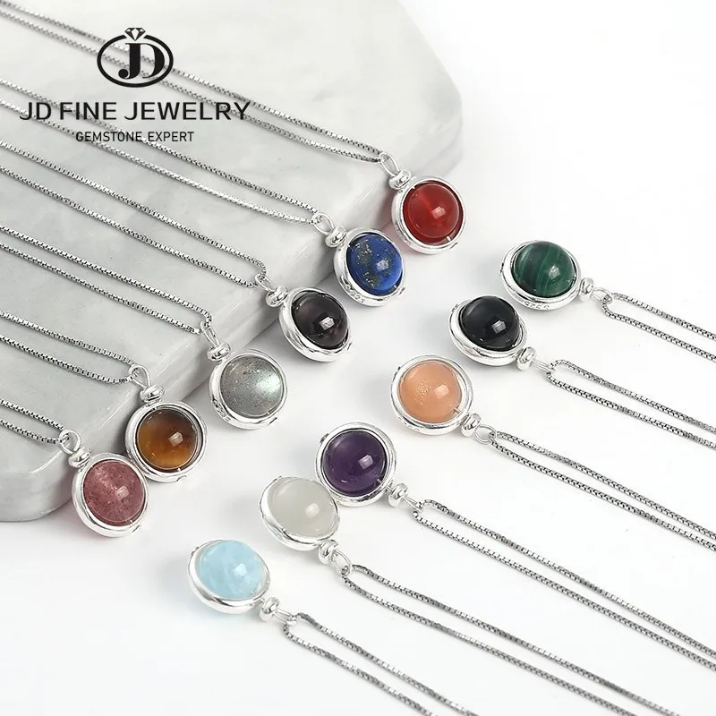 

JD Classic Silver Color 8mm Natural Round Stone Pendant Necklace Women Malachite Lapis Reiki Lucky Beads Tiny Chain Choker Gifts
