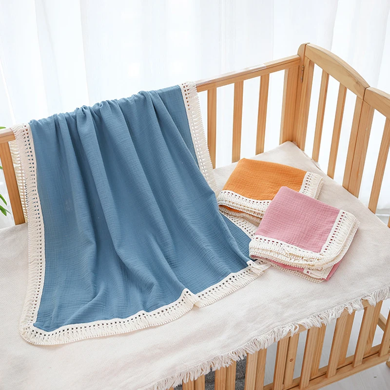 

Infant Tassel Gauze Blanket Baby Swaddle Wrap Cotton Muslin Blankets Children Wrap Bath Towel Newborn Hug Quilt Bedding 90x100cm