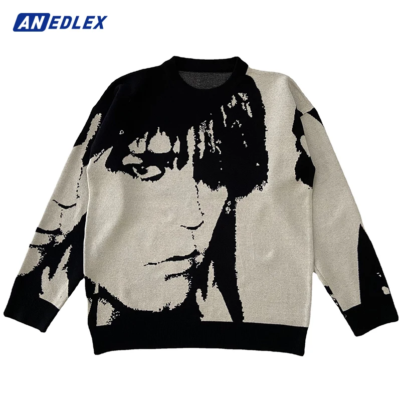 

Mens Streetwear Harajuku Sweater Vintage Retro Japanese Style Anime Portrait Print Knitted Sweater 2022 Autumn Cotton Pullover