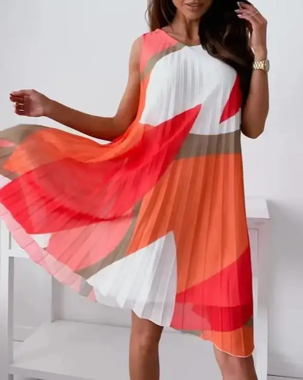 

Sexy Sleeveless Women Dresses Fashion Colorblock Chiffon Pleated Flowy Swing Dress 2022 Summer New Women Loose Mini Dress