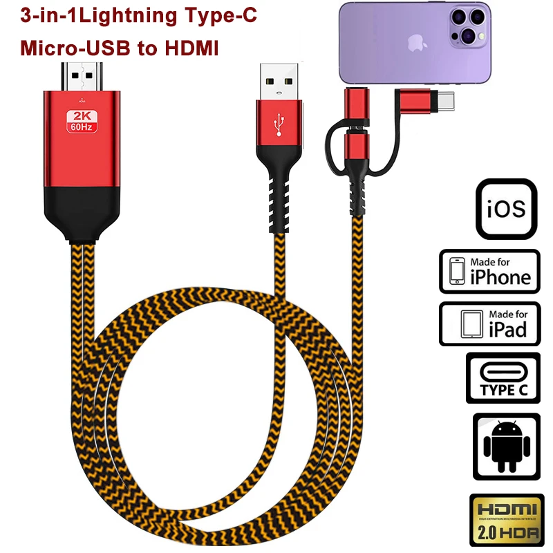 Адаптер для кабеля HDMI 3 в 1, Тип C/Micro USB/Lightning MHL к HDMI, зеркальное отображение телефона на телевизор/проектор/монитор HD TV 1080P, конвертер