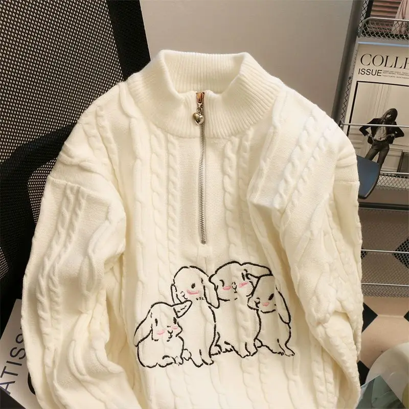 

Circyy Women Sweater Beige Cute Embroidery Rabbit Long SleevePullovers Korean Chic Knitted Jumpers Zipper Half High Collar