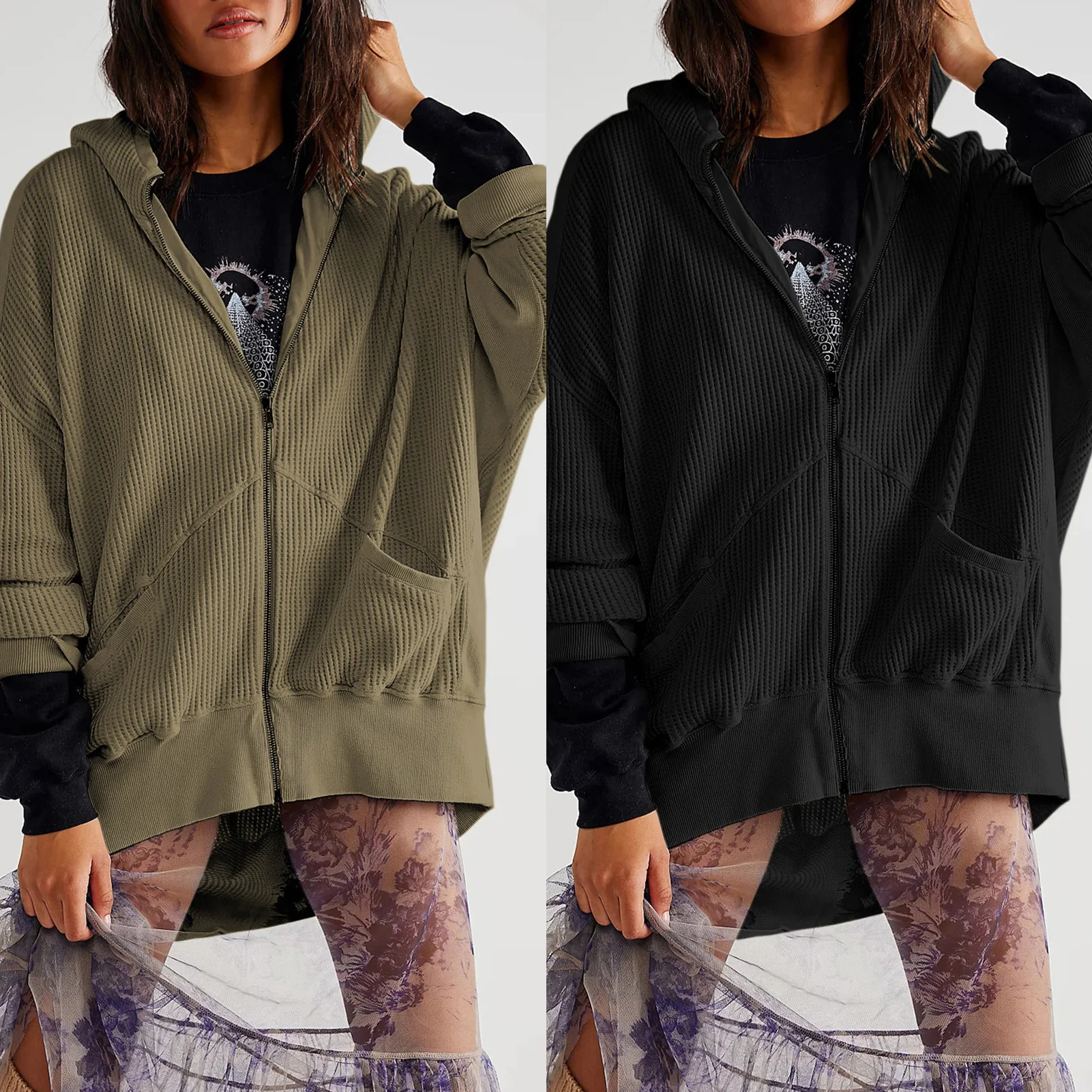 

Female Hoodies Sweatshirts Loose Zip Up Hooded Jacket Coat Casual Oversized Blouse Top Comfy with Pockets Solid Streetwear Suit