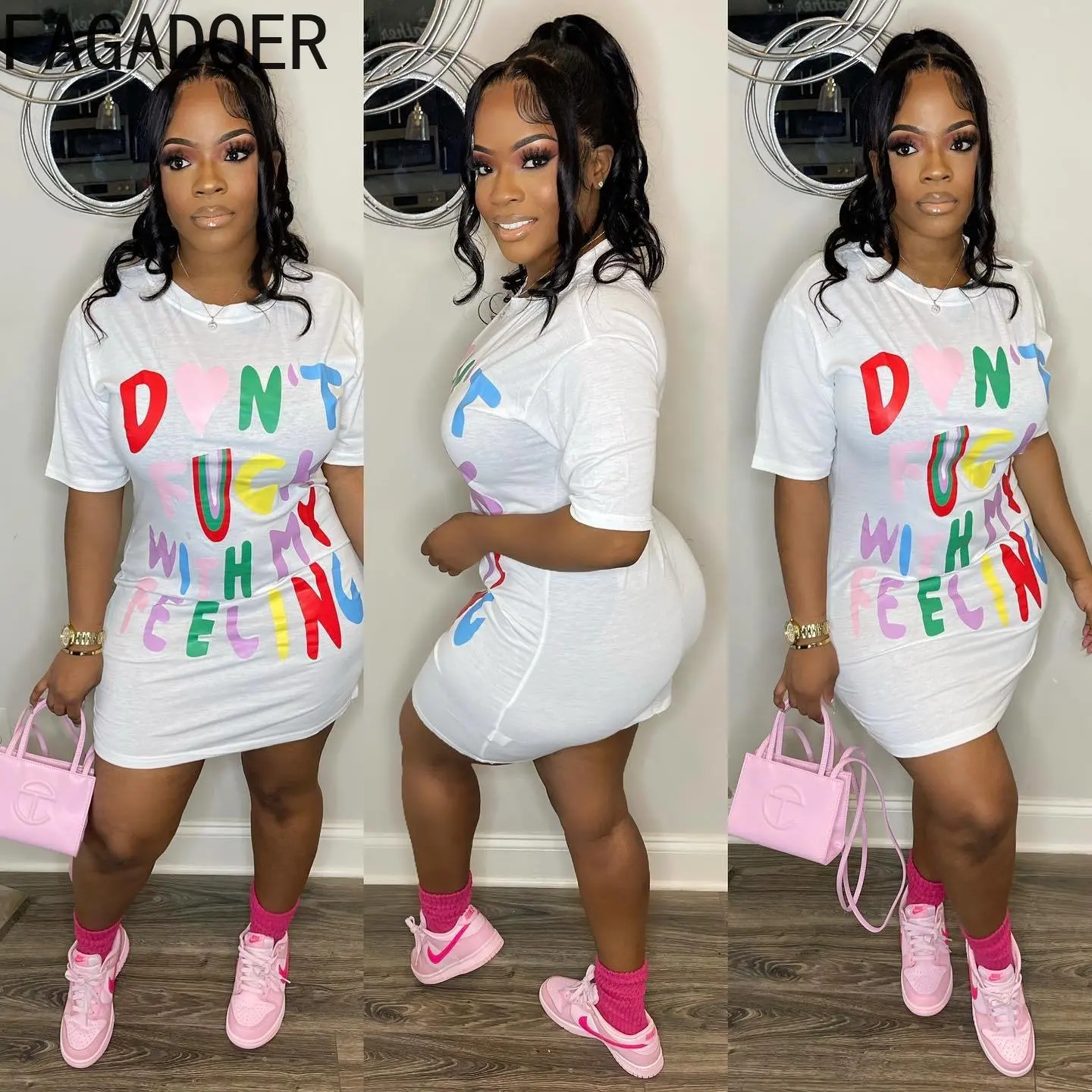 

FAGADOER Fashion Letter Print Straight Mini Dressws Women Round Neck Short Sleeve Vestidos Casual Streetwear Clothes 2023 Summer