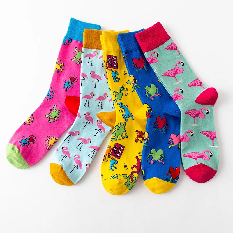 Personality creative couple graffiti fashion trendy cotton socks Flamingo men's socks