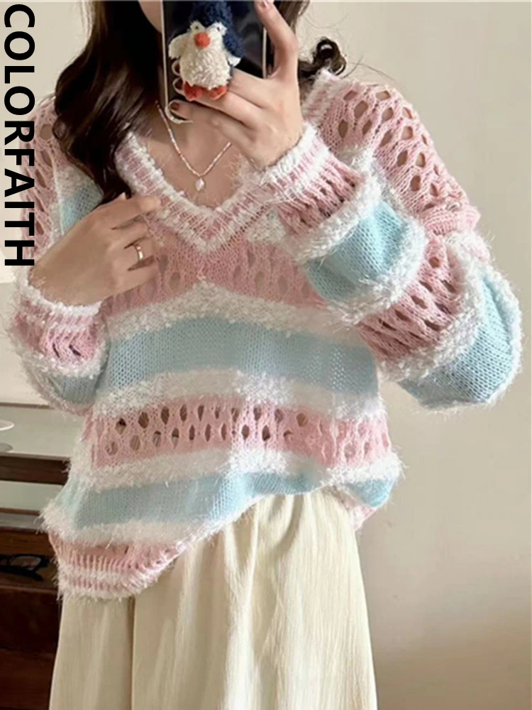 

Colorfaith SW5465JX New 2023 Cutout Sexy Chic Striped Vintage Oversized Elegant Korean Fashion Knitted Women Autumn Winter Tops