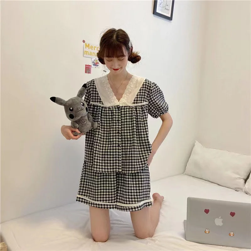 Summer Pajama Set For Women Sweet Plaid Pyjama Suit V-Neck 2022 New Short Sleeve Shorts Homewear Home Clothing Female