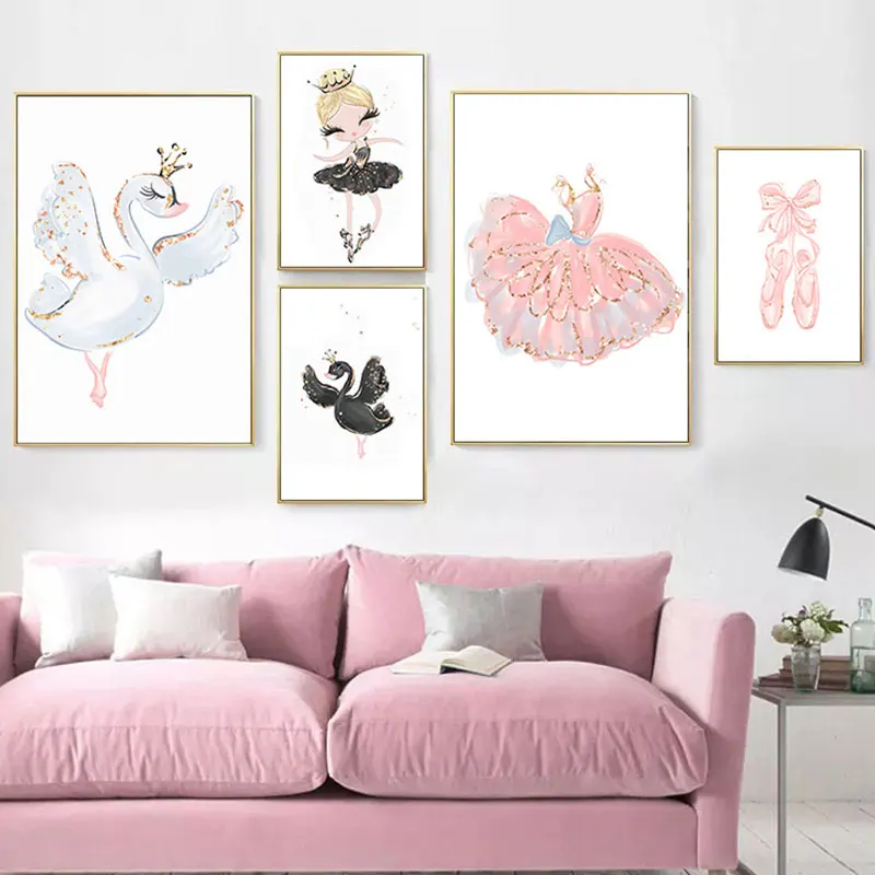 

Nordic Nursery Room Poster And Prints Cartoon Dancing Girl Swan Unicorn Canvas Painting Kids Bedroom Home Decor Wall Art Picture