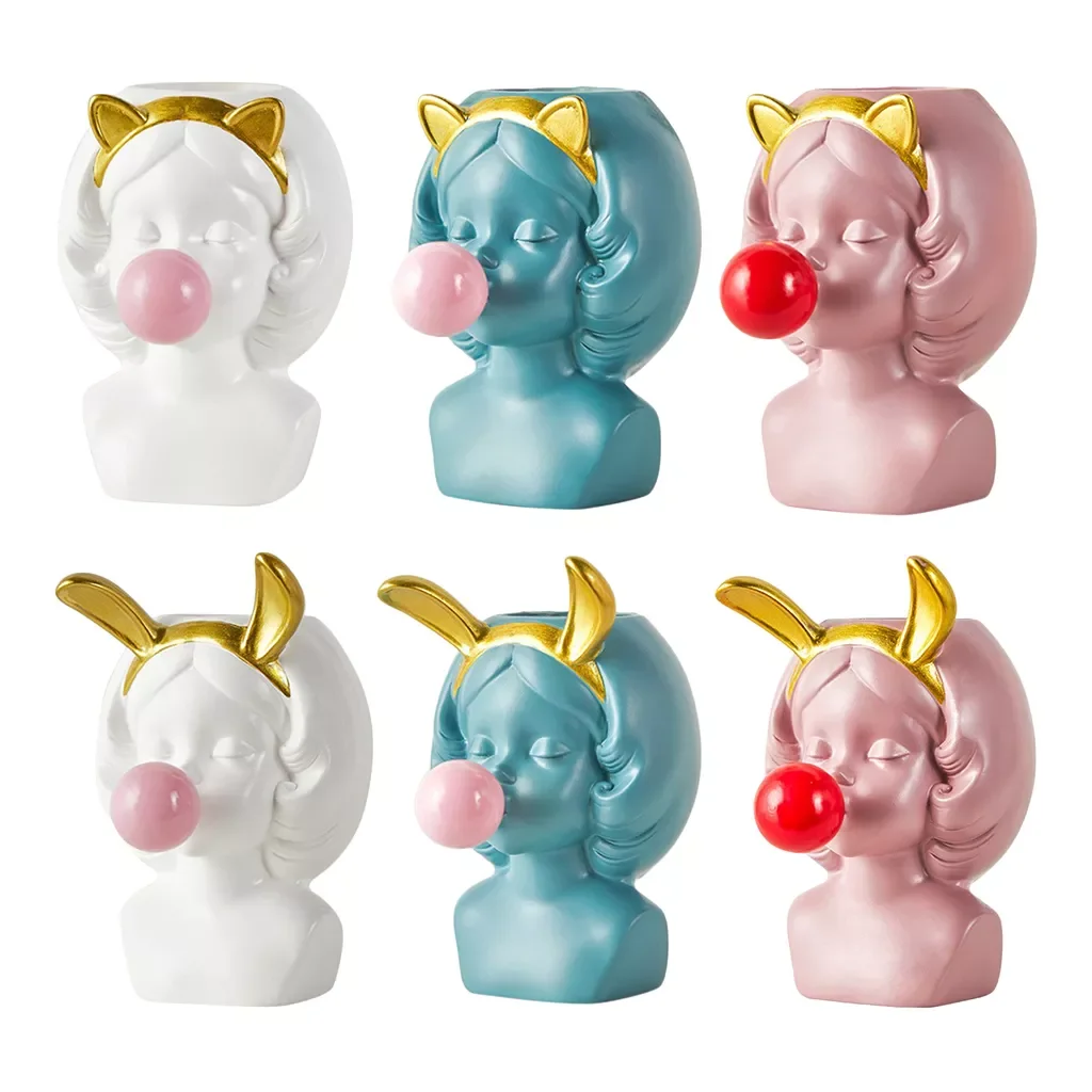 

Lovely Girl Blowing Bubbles Succulent Planters Vinyl Plant Pot Nordic Flower Vase Storage Container Organizer for Makeup Brushes