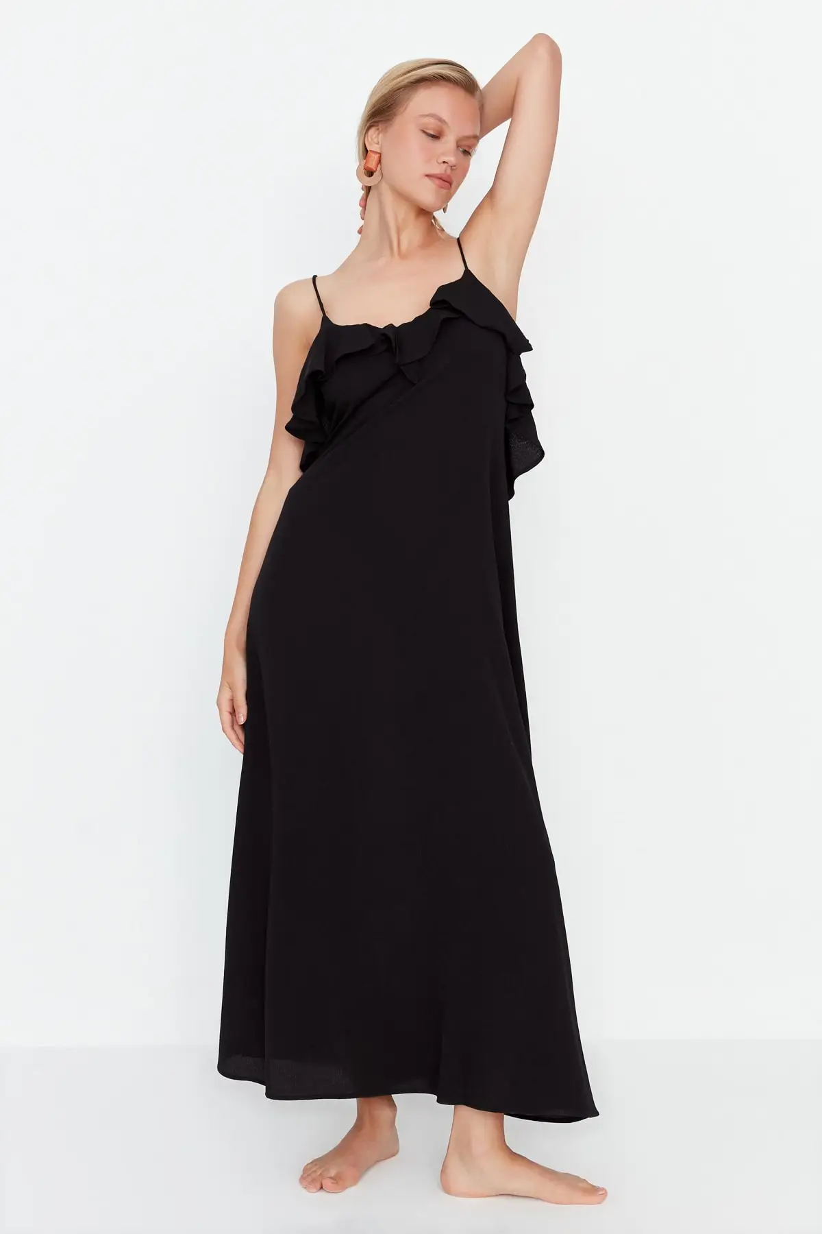 

Black Strap Flywheel Detailed Dress TBESS19WY0004 Beach Textile Viscose Young Flat Relaxed Square Neck Maxi Woven Standard Sleeve