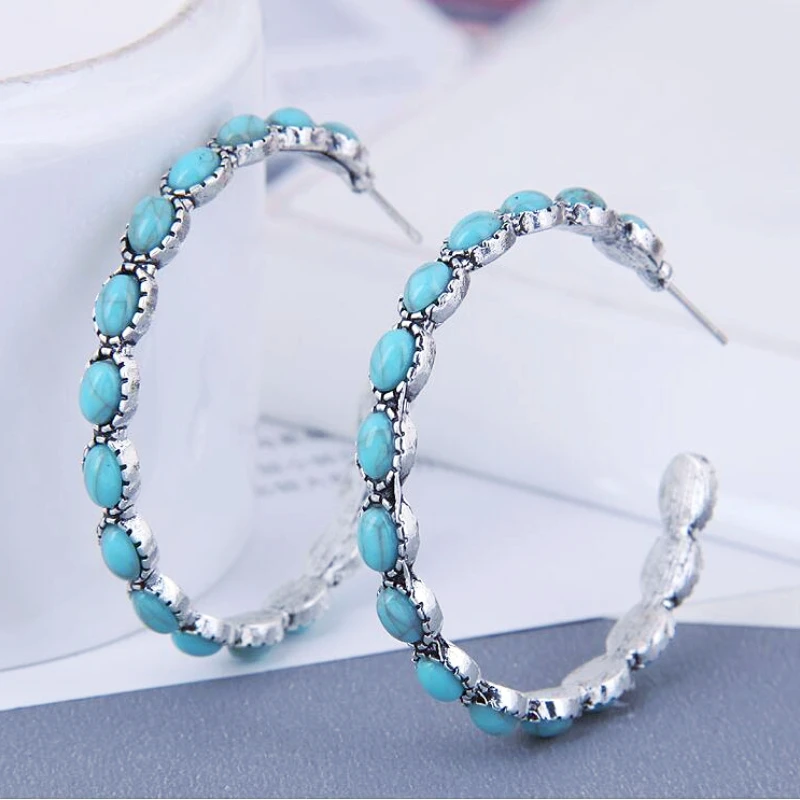 

New Big Hollow Round Beads Earrings Fashion Jewelry Turquoise Stone Exaggerated Circle Earring for Women Beach Jewerly Gifts