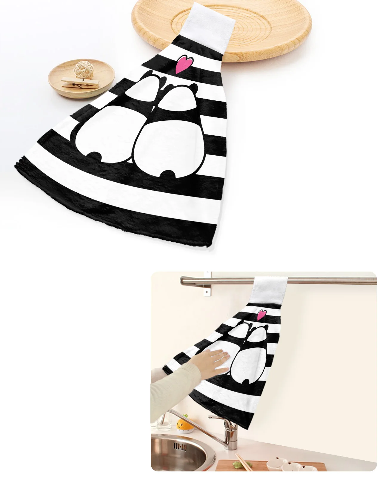 

Black And White Stripes Panda Lover Hand Towels Home Kitchen Bathroom Hanging Dishcloths Loops Soft Absorbent Custom Wipe Towel
