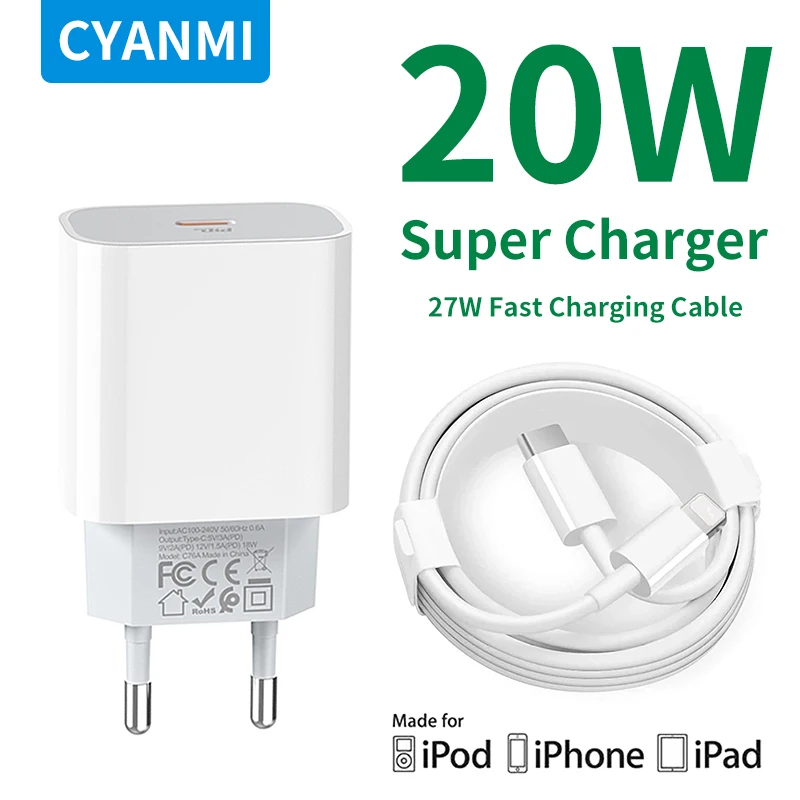 

CYANMI Original PD 20W Fast Charger For Apple iPhone 14 13 12 Pro Max Mini X AirPods iPad USB C To iPhone Adapter Charging Cable
