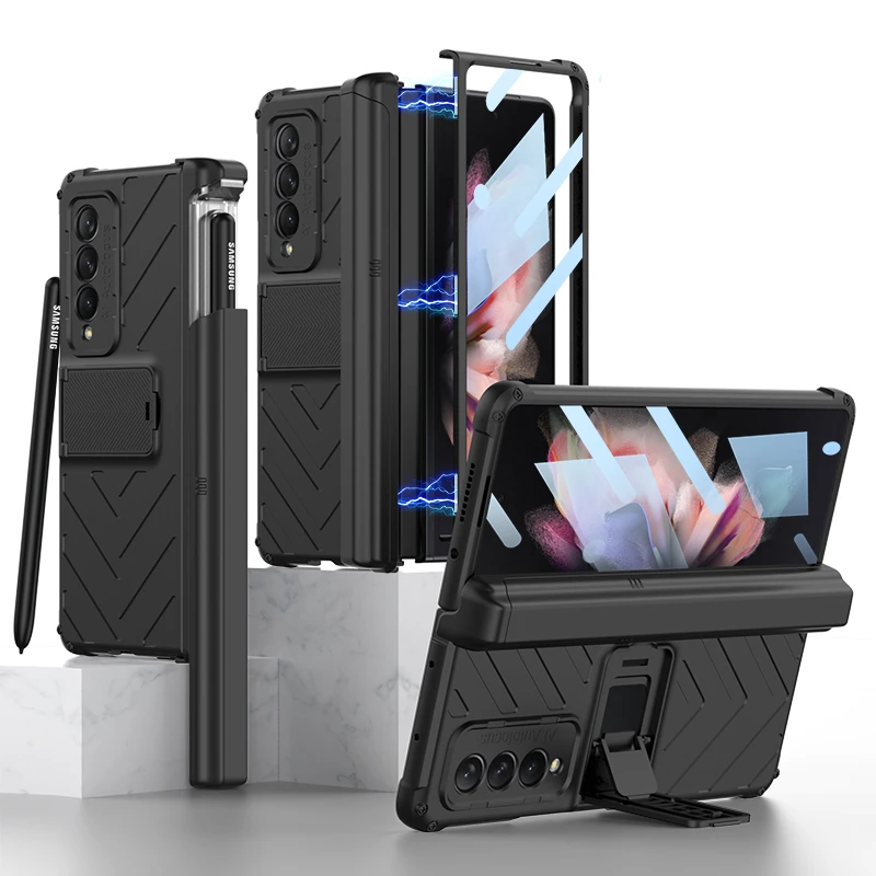 

Magnetic Hinge Slide Pen Holder Case for Samsung Galaxy Z Fold 3 Funda Adjustable Kickstand Full Protection Hard PC Cover