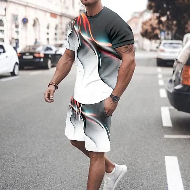 Men Clothing T-Shirt Sets Outfits Graphic Prints Technology Crew Neck  Outdoor Street Short Sleeve Clothing Apparel 2pcs Basic