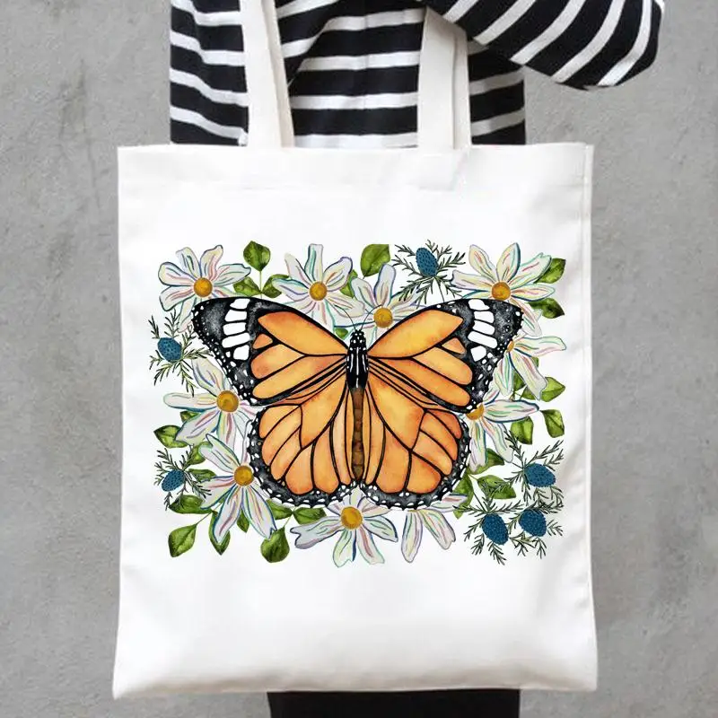

Print Canvas Bags Watercolor Sweet Butterfly Plant Shopper Handbags Shoulder Casual Shopping Girls Women Fashion Tote Bag