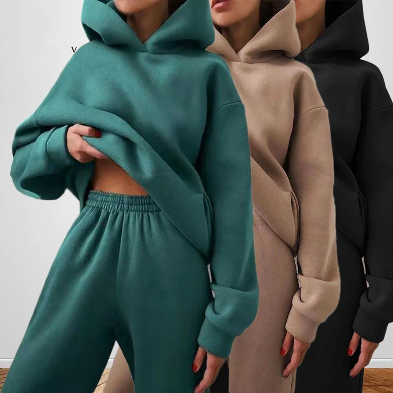 

Women's Solid Casual Long Sleeve Hooded Sport Suits Autumn Warm Hooded Sweatshirt and Long Fleece Pants Two Piece Sets