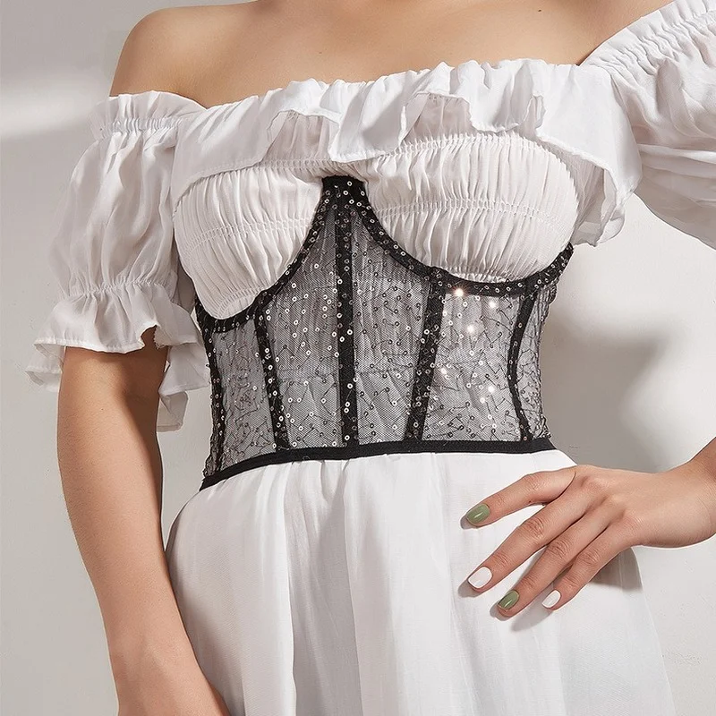 

Women's Fashion Belts Sequins Bustier Goth Look Corset Woman For Dresses White Wide Waist Belt Elastic Band For Women Cummerbund