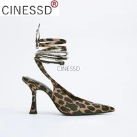 2022 new sexy rhinestones sandals women leopard thin high heels ladies pumps ankle strap female spring new party shoes