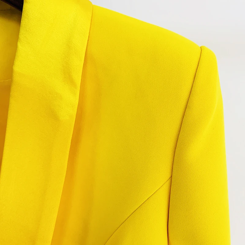 HIGH QUALITY Newest 2023 Designer Long Blazer Lion Buttons Double Breasted Satin Shawl Collar Blazer Dress Fluorescent Yellow