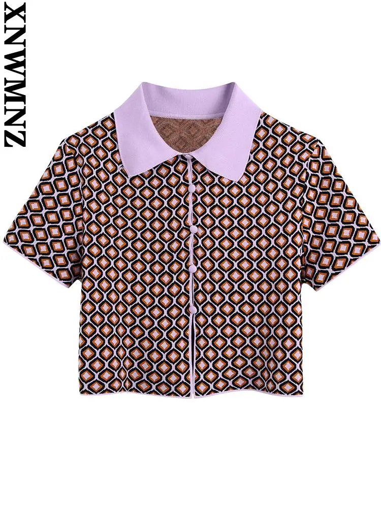 

XNWMNZ korean style Women geometric jacquard knit cropped polo shirts vintage short sleeve button-up female blouses chic tops