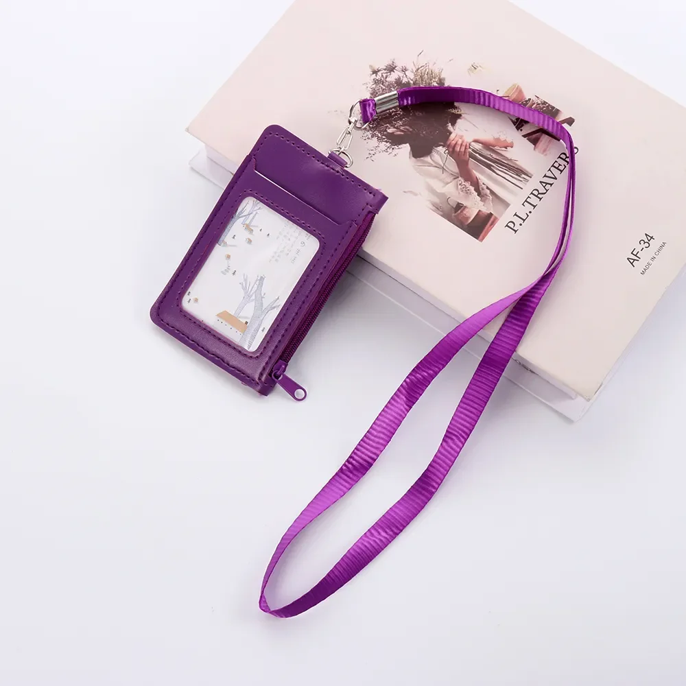 Faux Leather Card Case Fashionable ID Badge Card Holder Business Card Case Cover with Neck Lanyard  Zipper Bag