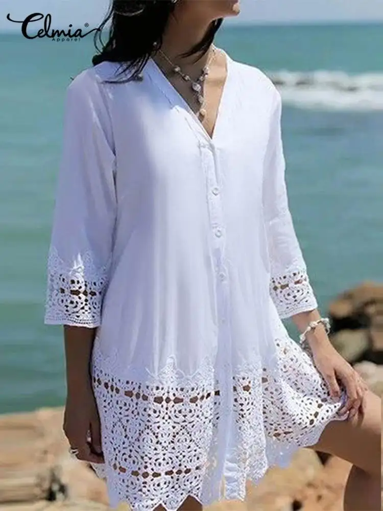 

Celmia Holiday Solid Beach Robe Summer Women Mini Dress Elegant Hollow Out Lace Sundress Leisure V-neck 3/4 Sleeve Short Vestido