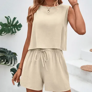 2023 Summer Women Clothing Set Solid Color Tees Tracksuit Casual Slim Fit Lace Up Pocket Bodysuit Fashion Loose Wide Leg Shorts 1