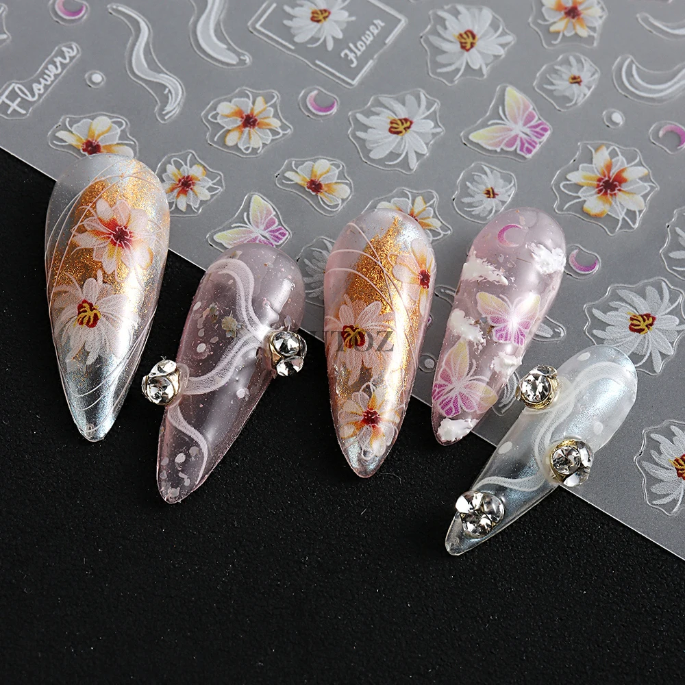 Белые цветы наклейки для ногтей лепестки кружева розовые бабочки свадебный