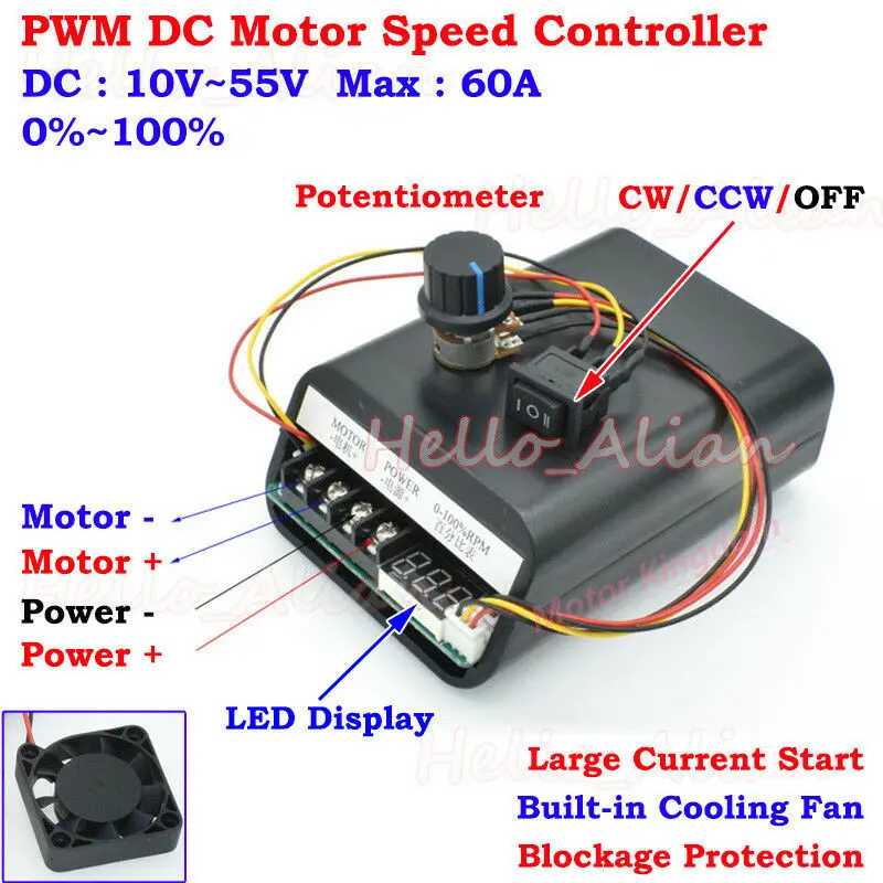 Светодиодный дисплей DC 10-55V 12V 24V 48V 60A hho контроллер скорости двигателя постоянного тока PWM CW CCW Реверсивный переключатель Встроенный вентилятор охлаждения