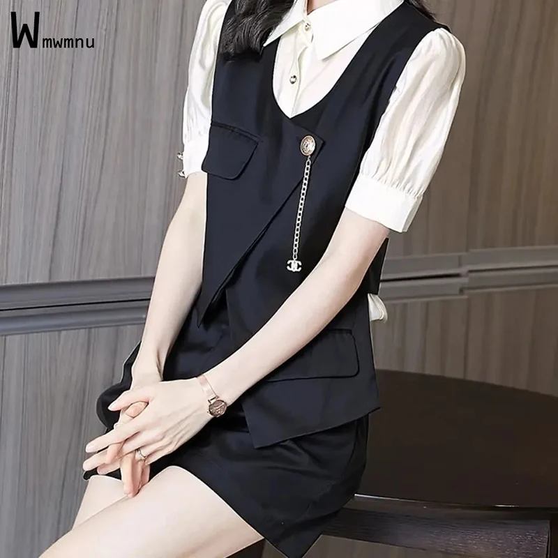 

Women Summer 3 Piece Set Vintage Solid blusas+Irregular Edge Vest+Short Pants Suits ensemble vetement femme ropa mujer blazer