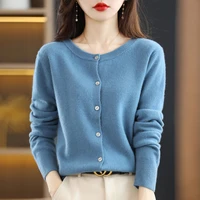 spring and autumn new round neck knit cardigan womens loose button sweater all match jacket solid color basic small cardigan