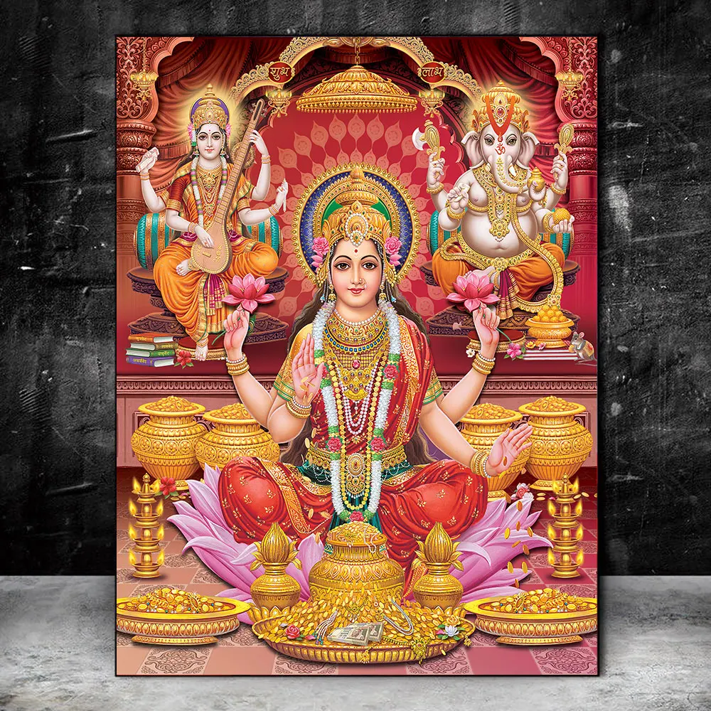 

India Hindu Gold Ganesha Temple Posters Elephant God Painting on Canvas Posters Prints Religion Art Wall Art Living Room Decor