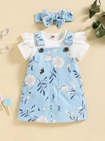 baby solid rib knit bodysuit floral print overall dress with headband