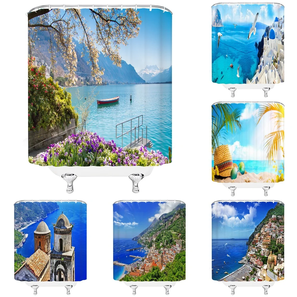 

3D Europe Seaside Town Shower Curtain Flower Boat Blue Sea Nature Scenery Polyester Fabric Home Decor Hook Bathroom Accessories