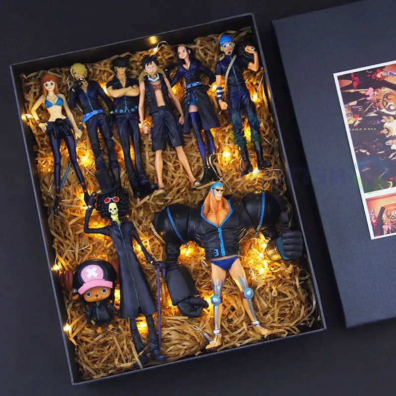 

One Piece 9Pcs Figure Anime Black Clothes Gifts In Box Theater Version Luffy Zoro Sanji Francine Pvc Doll Action Decoration Toy