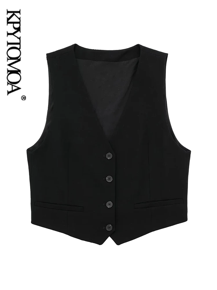 

KPYTOMOA Women Fashion Front Button Cropped Waistcoat Vintage V Neck Sleeveless Female Outerwear Chic Vest Tops