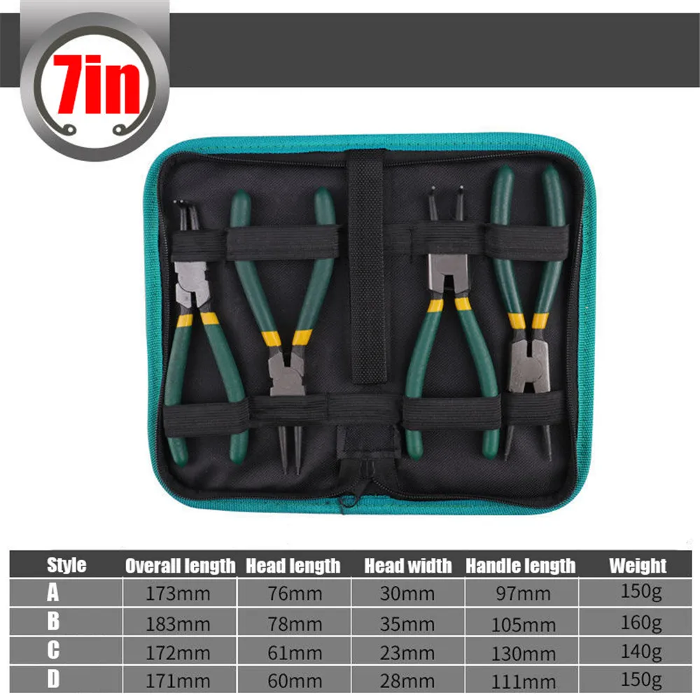 

НОВЫЙ набор из 4 плоскогубцев с сумкой для хранения, 7-дюймовые плоскогубцы с длинным носом, прямые изогнутые плоскогубцы, инструмент для снятия стопорного кольца с внутренним и внешним стопорным кольцом