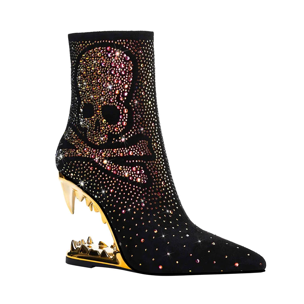 

2023 Autumn/Winter New Women's High Irregular Heel Cusp Side Zipper Ankle Boots Sexy With Diamond/Rhinestone