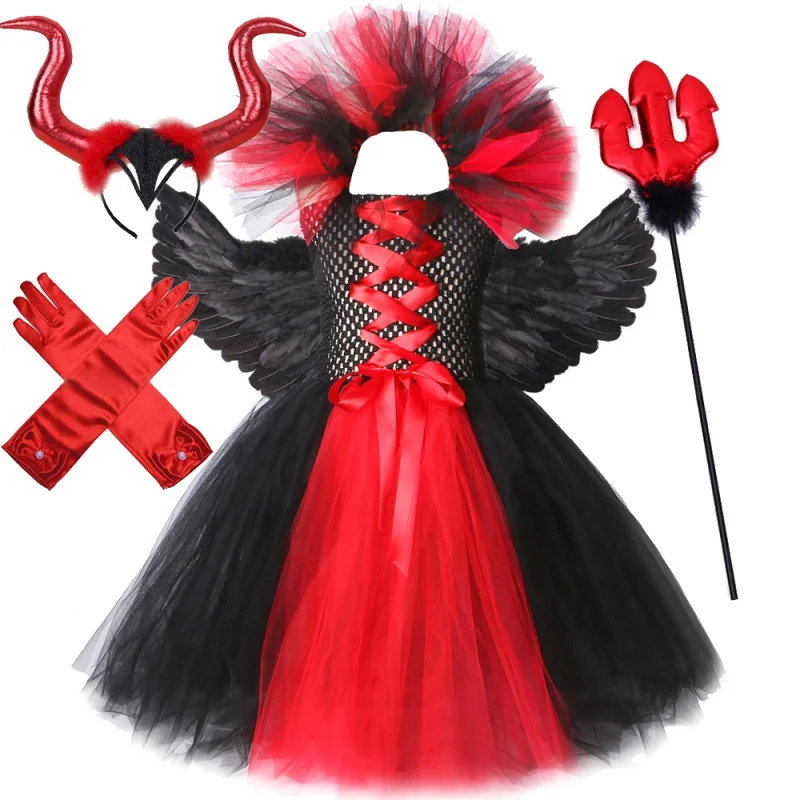 

Red Evil Halloween Costume for Girls Vampires Fancy Dress for Kids Devil Witch Tutu Outfit Children Carnival Party Long Dresses