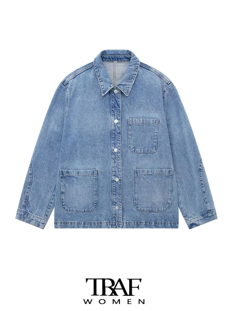 

Женская джинсовая куртка с карманами, длинным рукавом и пуговицами спереди