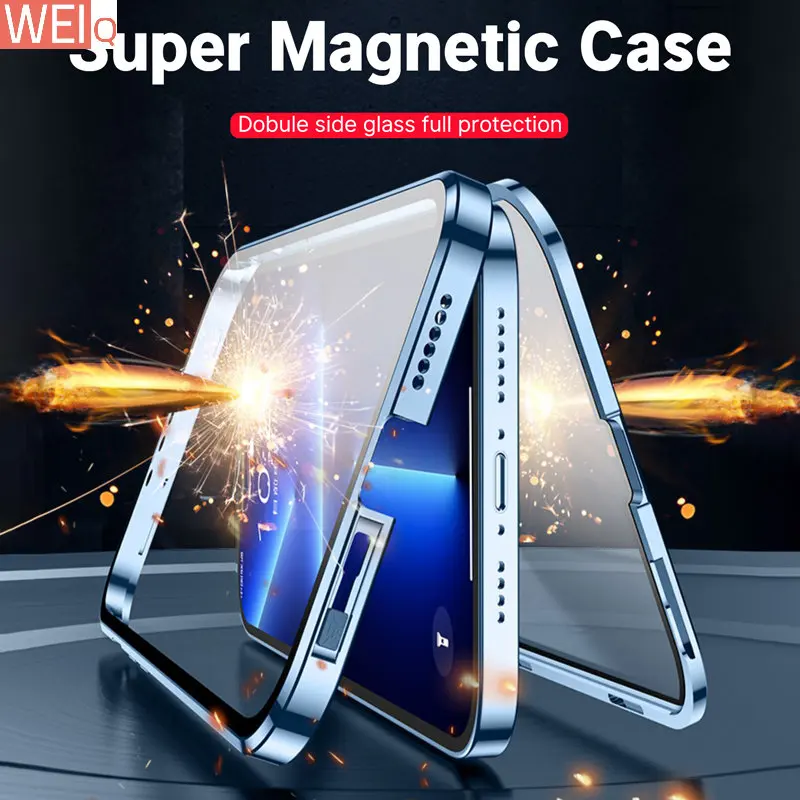 

Двухсторонний стеклянный Магнитный чехол с металлической рамкой для телефона iPhone 14 13 12 11 Pro Max X XS 8 7 14 Plus 13 12 крышка объектива мини-камеры