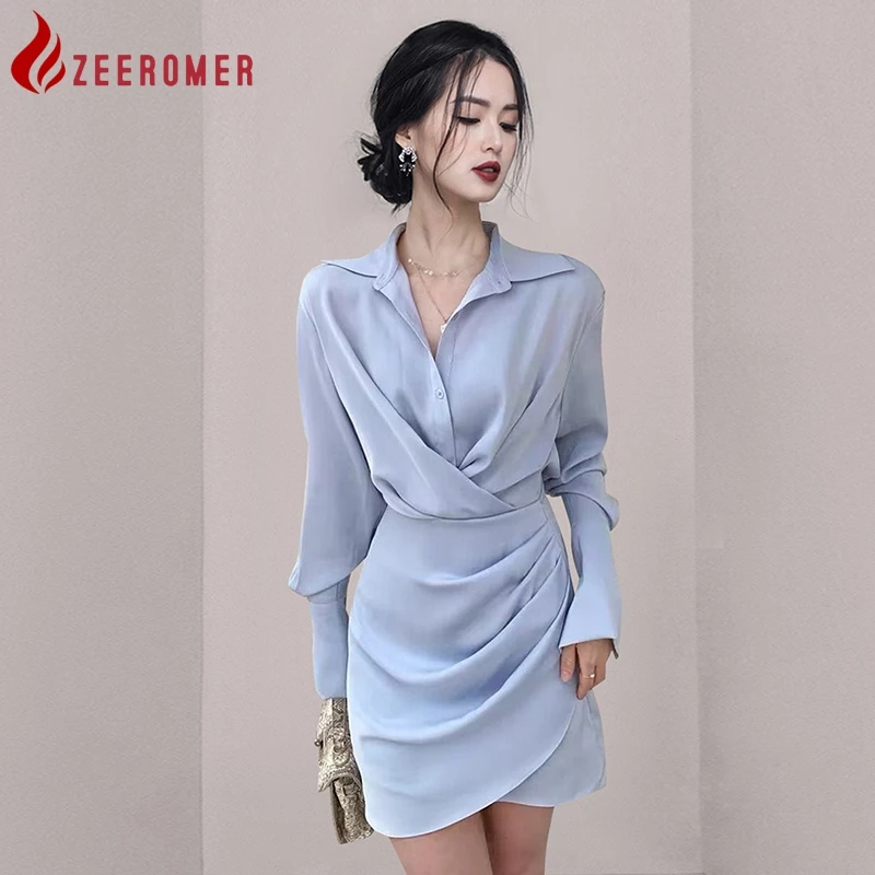 

ZEEROMER 2023 Autumn Korean Fashion Temperament Slim Shirt Dress Women Lapel Long Sleeve Single Breasted Irregular Mini Dress