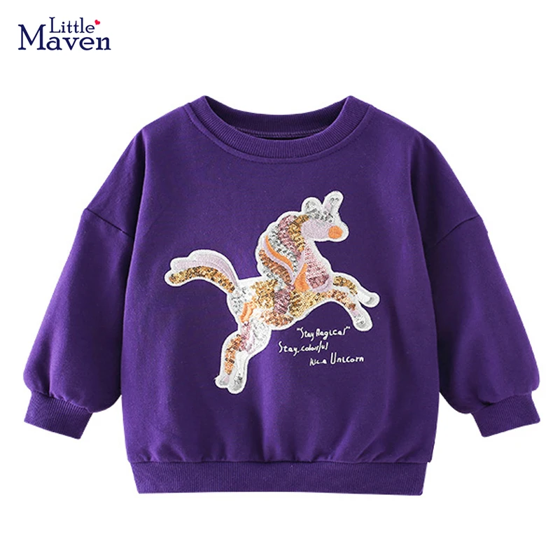 

Little maven 2022 Baby Girls Dark Blue Sweatshirt Autumn Casual Clothes with Sequin Unicorn Cotton Lovely Tops for Kids 2-7year