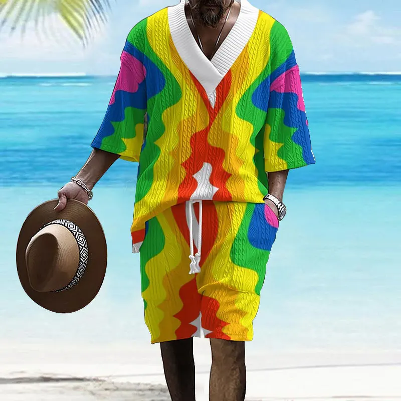 Мужской комплект из 2 предметов Повседневная Свободная футболка с V-образным