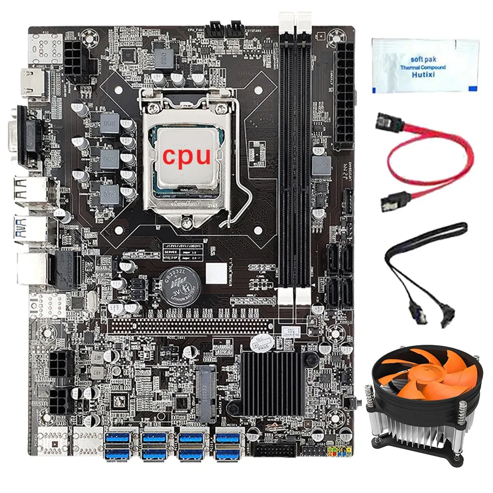 B75 8 GPU BTC Mining Motherboard+CPU+Fan+Thermal Grease+2X SATA Cable 8 USB3.0 to PCIE 1X Slot LGA1155 DDR3 RAM SATA3.0